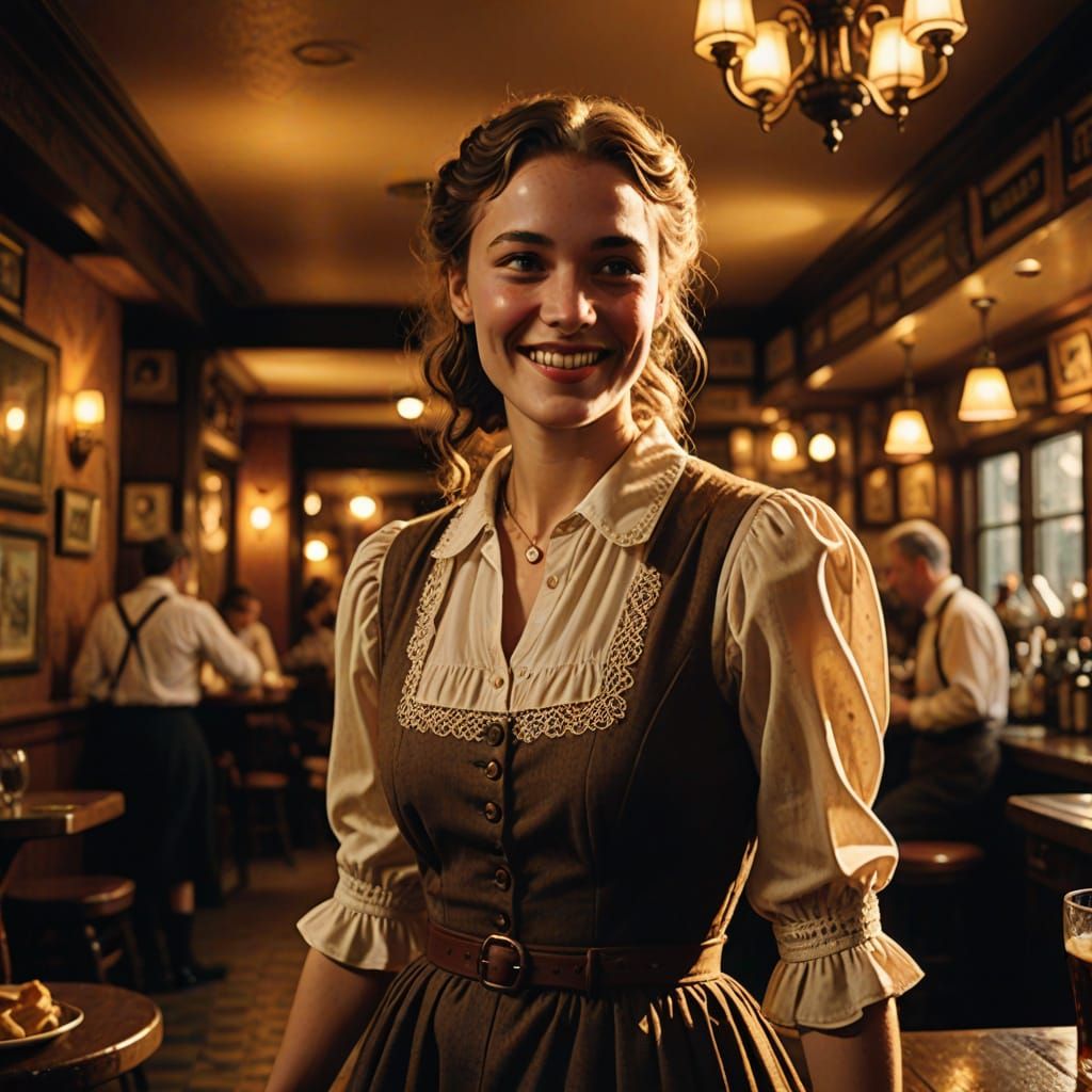 A Young Woman in Warm Cinematic Lighting, German Pub Dress