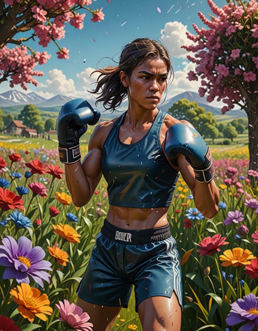 Female Boxer in Vibrant Floral Field Abstract Art
