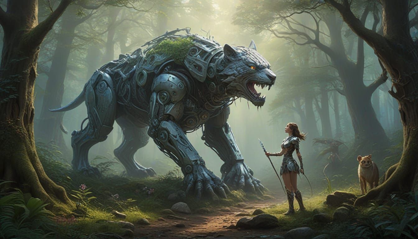 Cyborg Goddess in Whimsical Woodland Realm