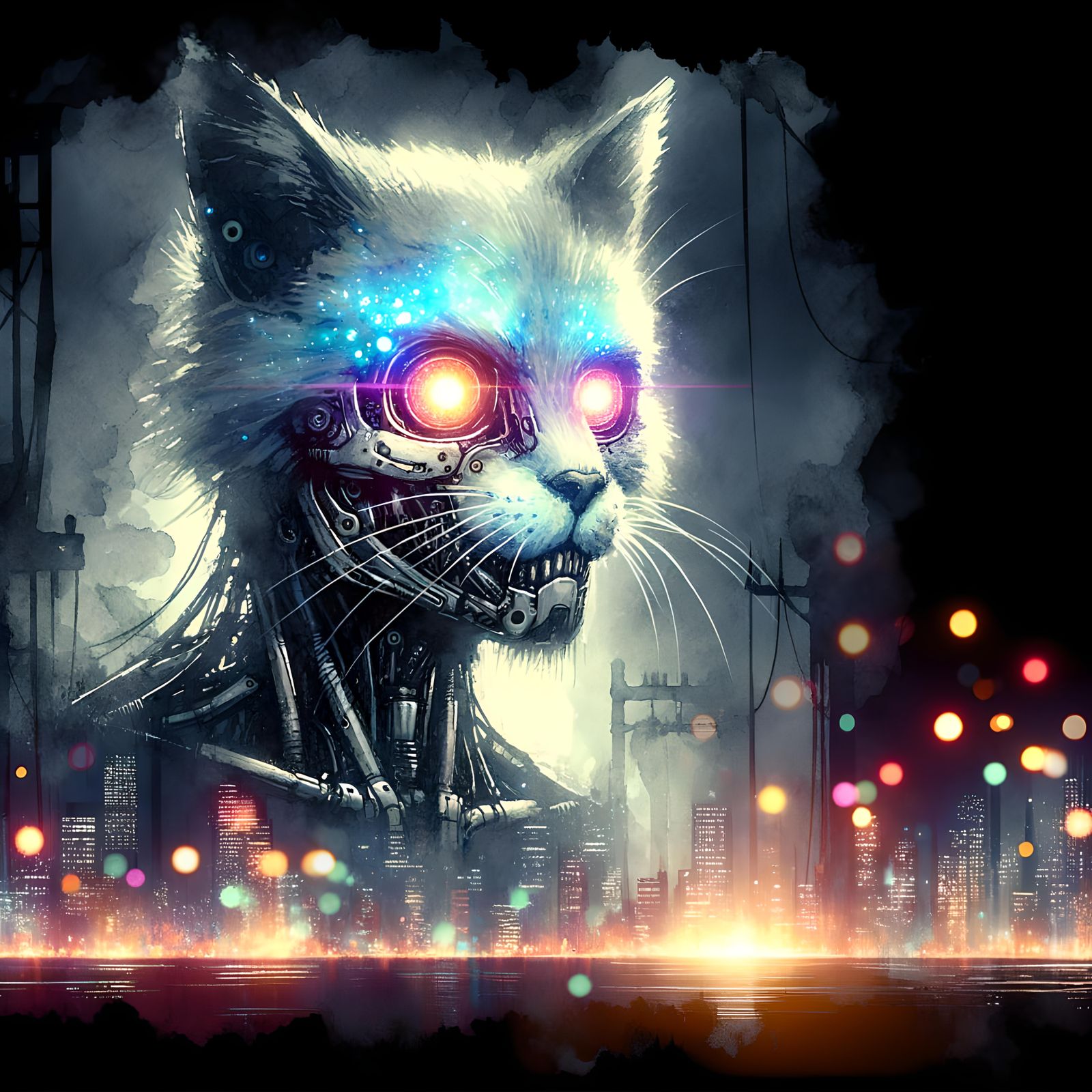 Undead Cybernetic Cat in Cyberpunk Cityscape