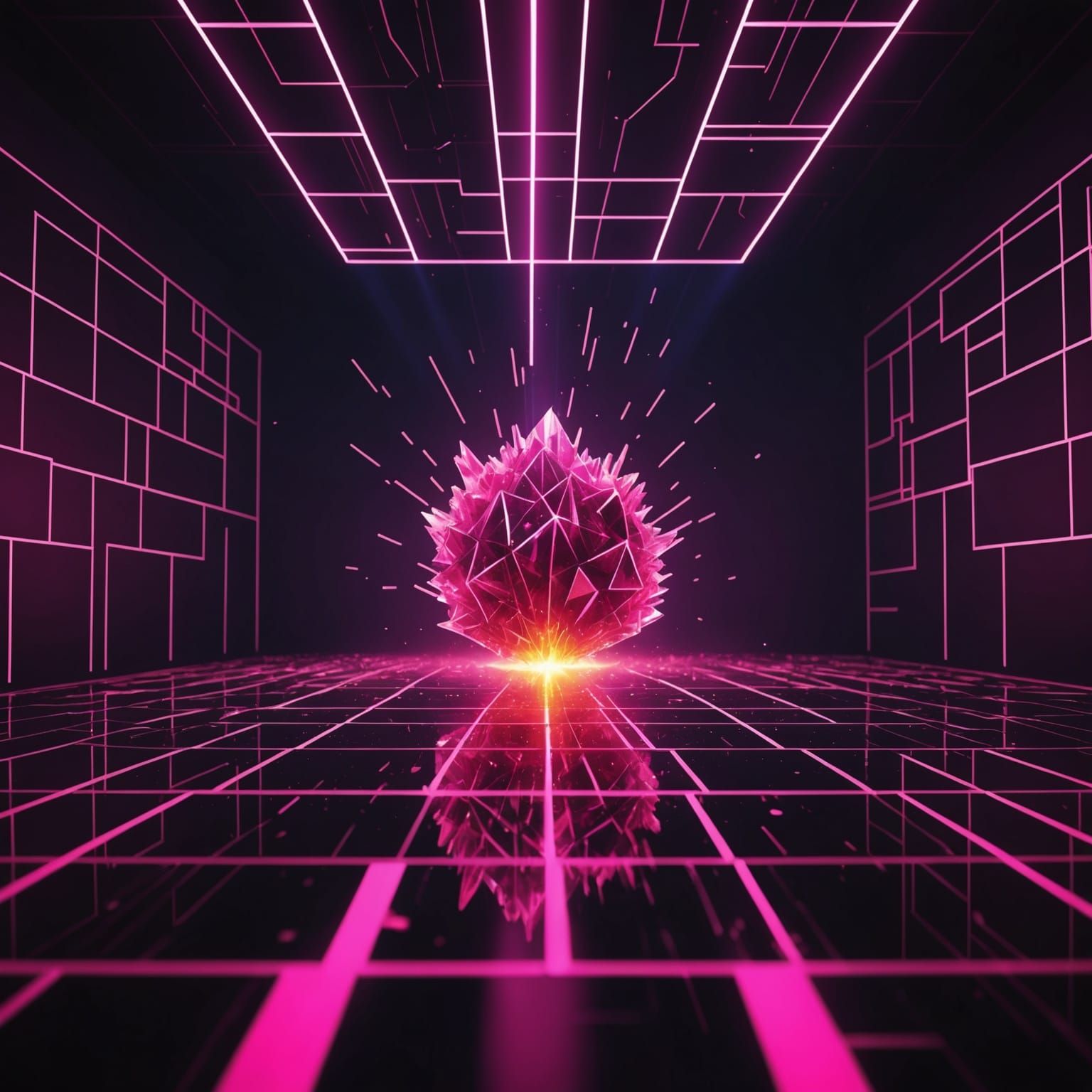 Shattering Fire Crystals on Laser Floor in Synthwave Style