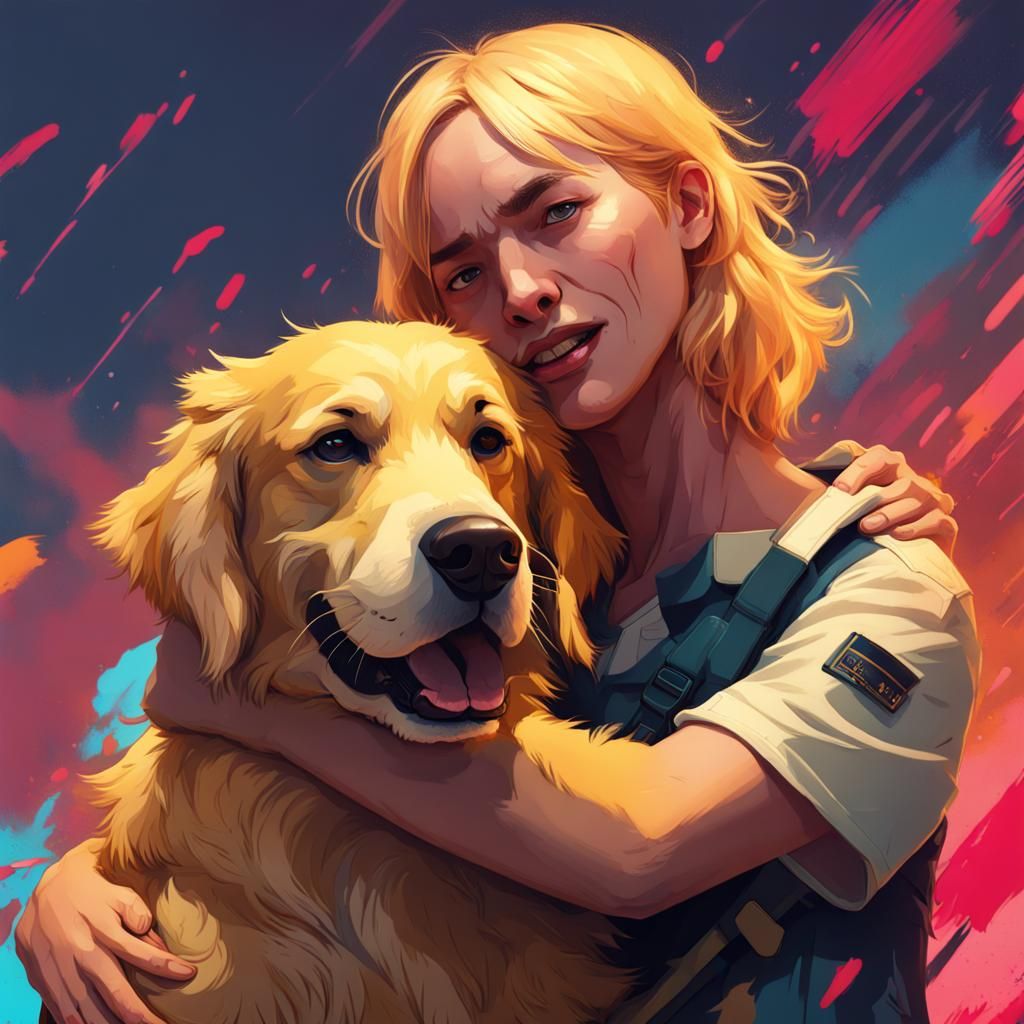 N from Murder Drones Hugs Golden Retriever