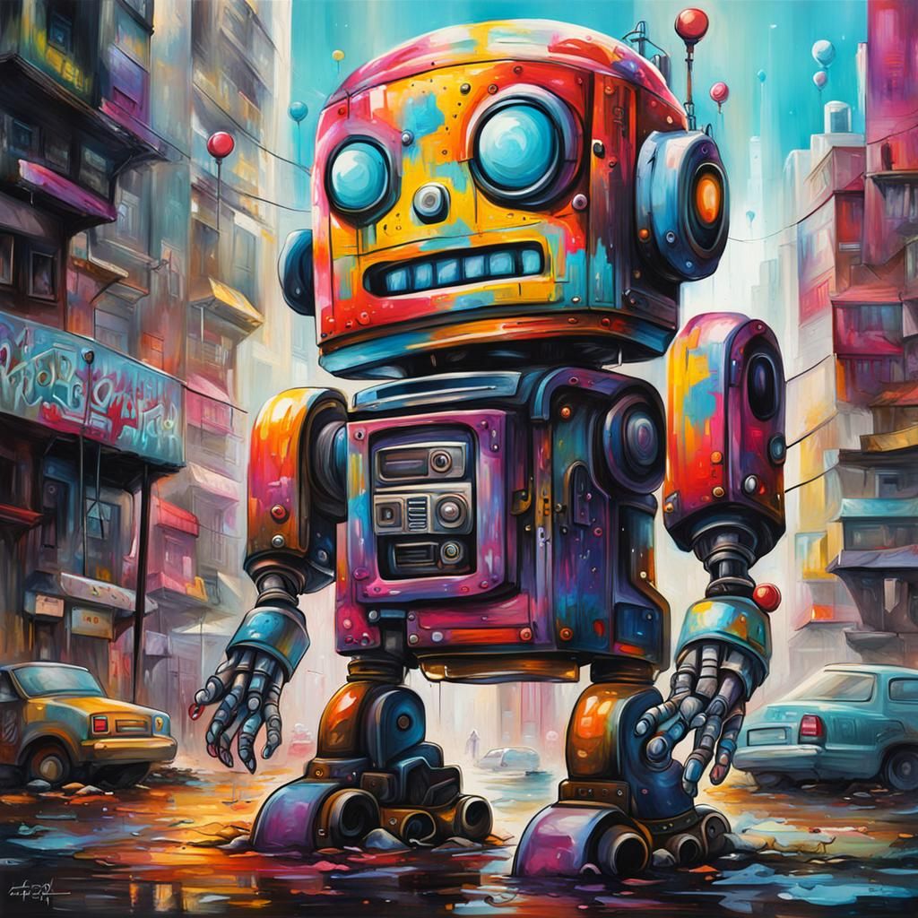 Colorful Robot World in Graffiti Art Style
