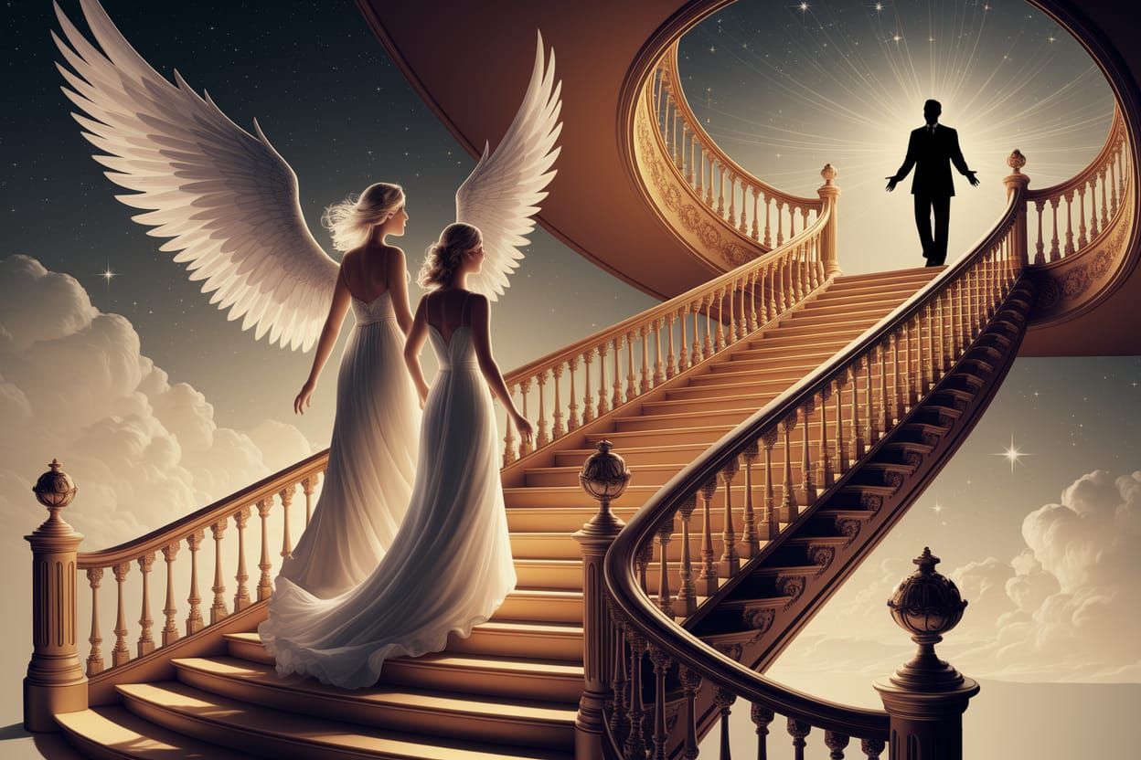 Angel Ascends Golden Staircase with Serene Woman