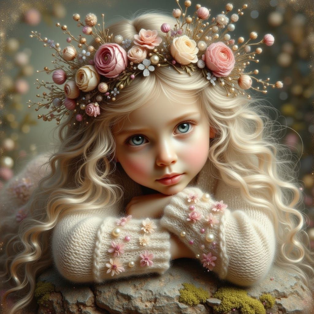 Delicate Child in Floral Crown, Realistic Portraiture