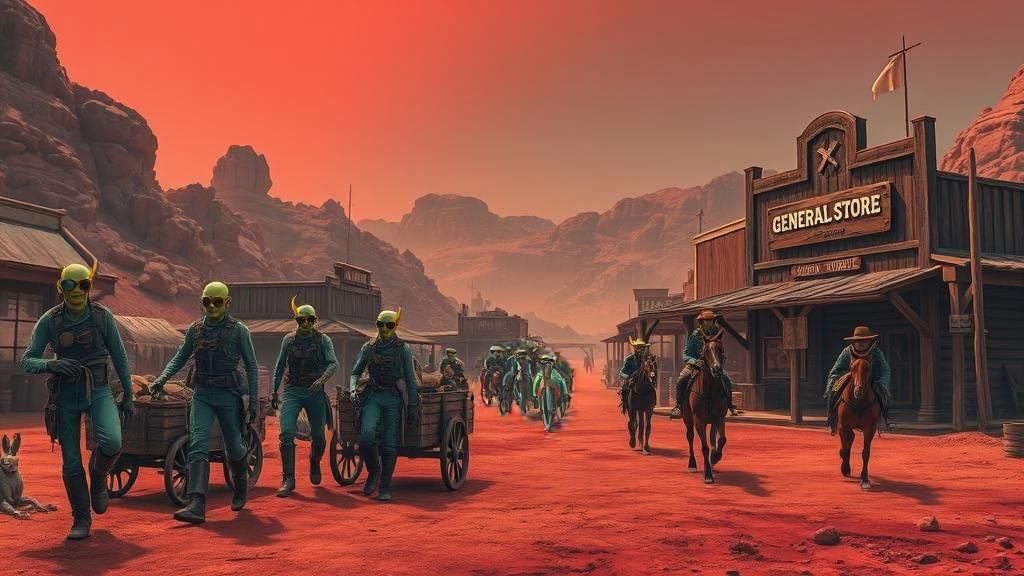 Martian Old West Town with Alien Miners and Cowboys