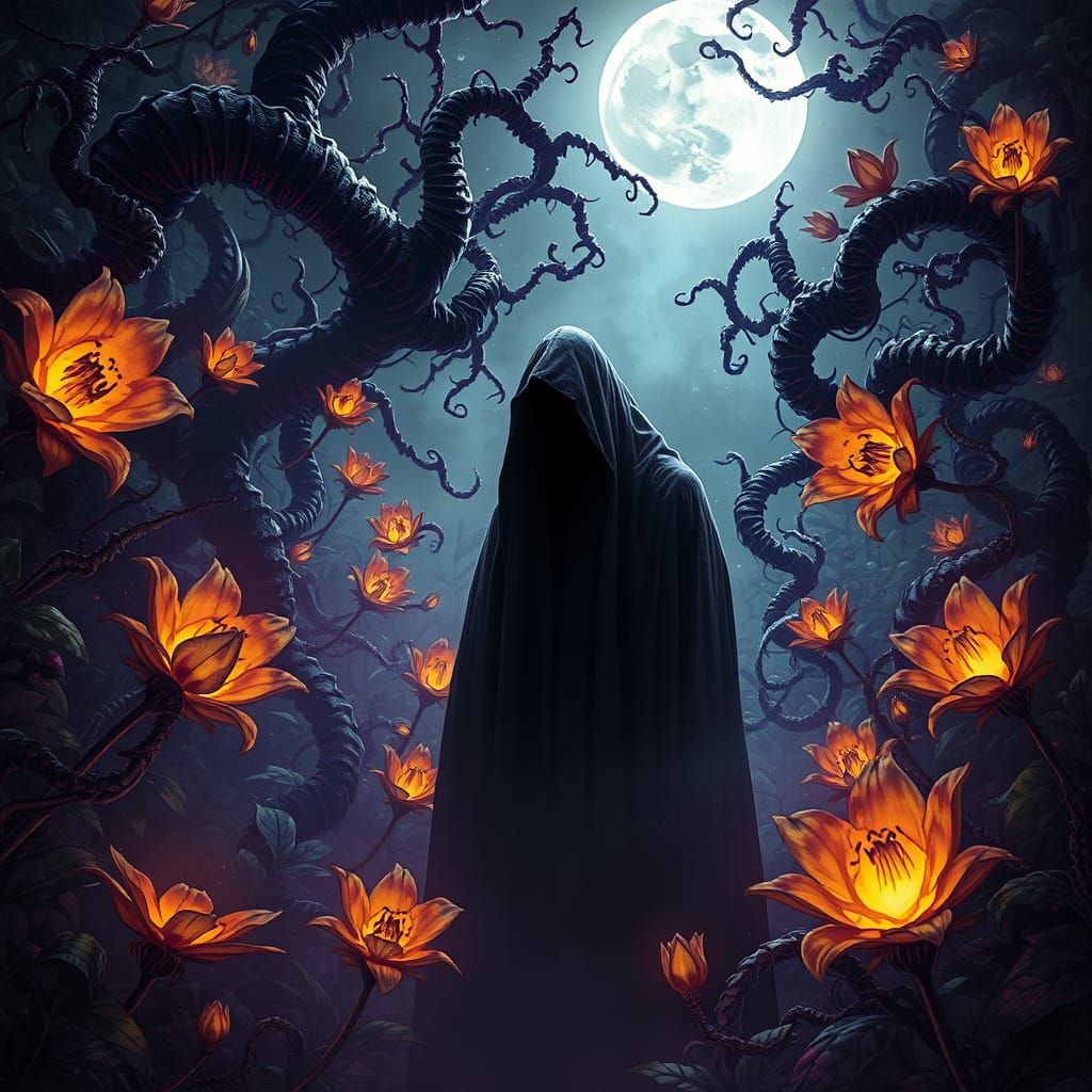 Mystical Garden Visitor in Haunting Style