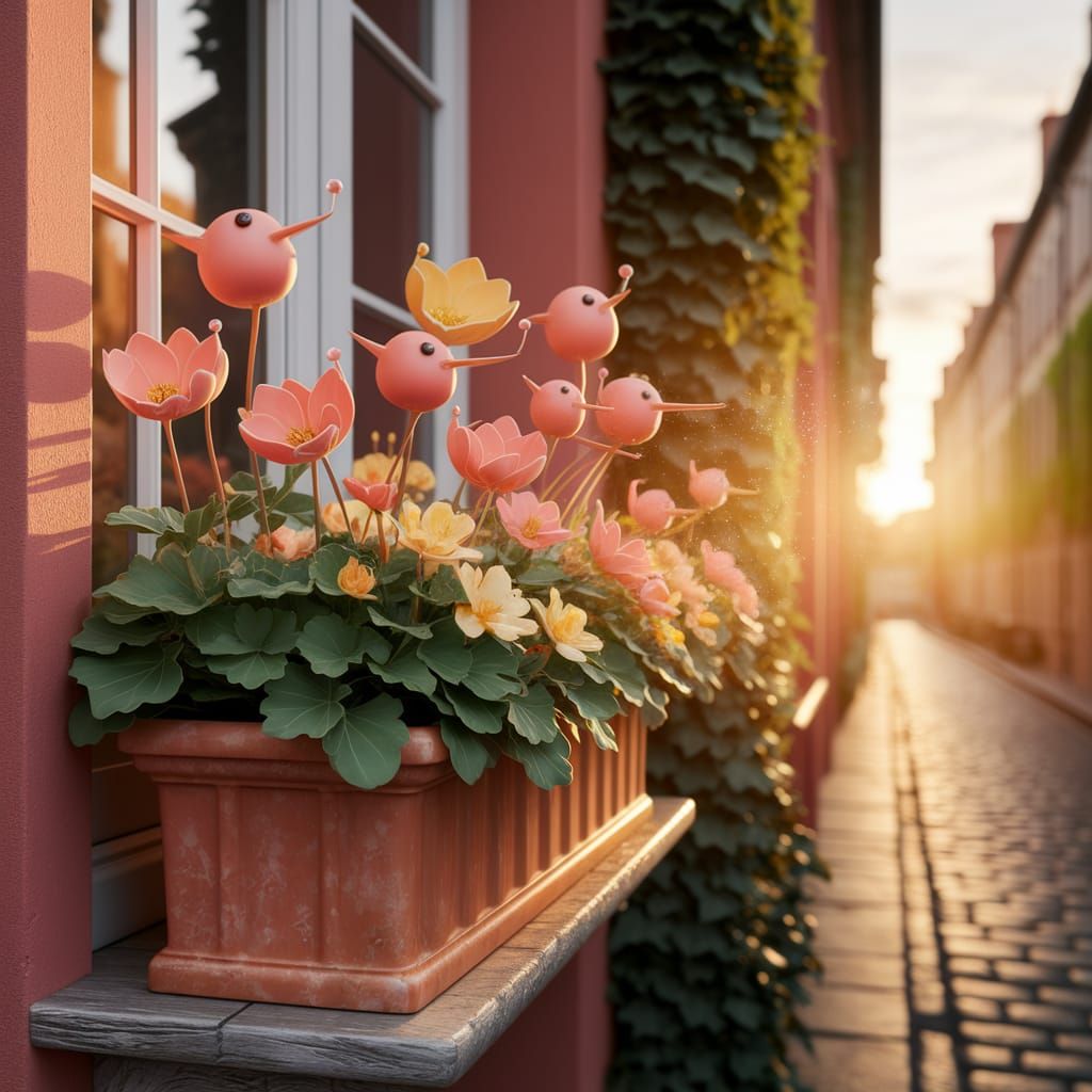 Whimsical Digital Art Flower Box with Bird-Headed Blooms