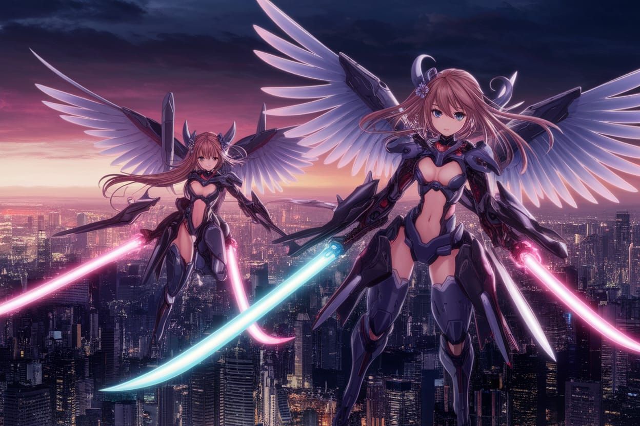 Anime Mecha Girls Battle Above Tokyo with Energy Swords