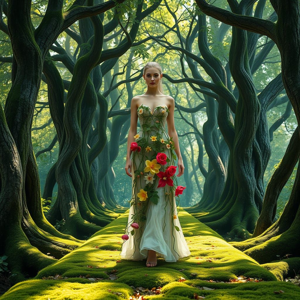 Ethereal Fashion Model Struts Down Moss-Covered Catwalk in E...