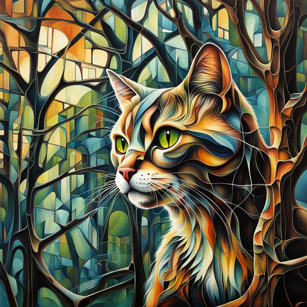 Surreal Cubist Cat with Dripping Trees