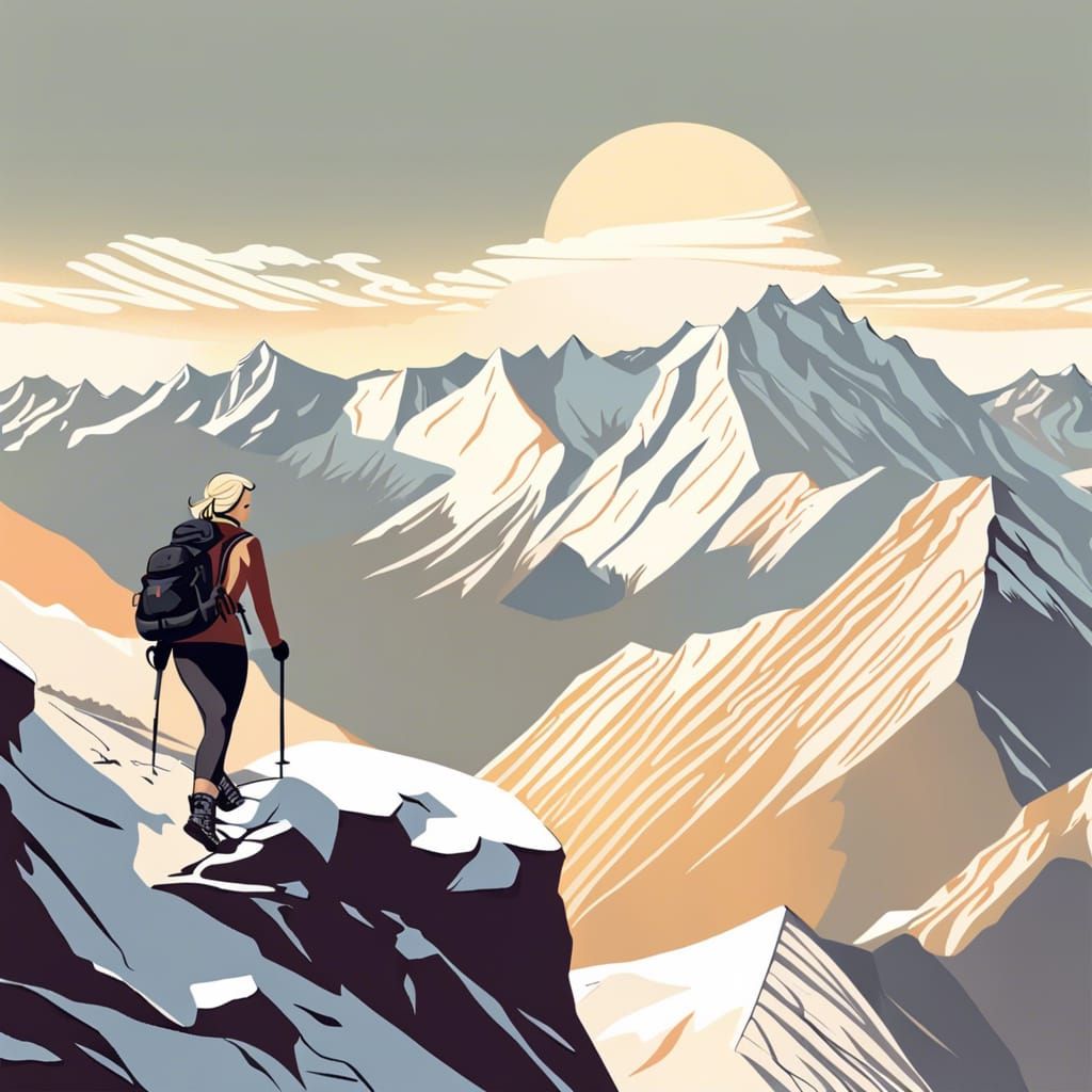 Blonde Woman Hiking Mountain Summit in Illustrator Style
