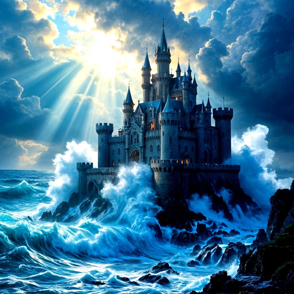 Ornate Castle in Stormy Ocean with Sunbeams