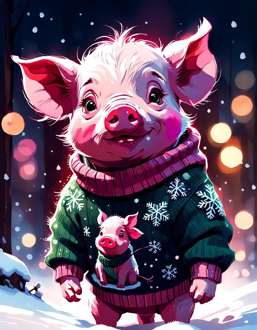 Vibrant Christmas Piglet in Digital Painting Style