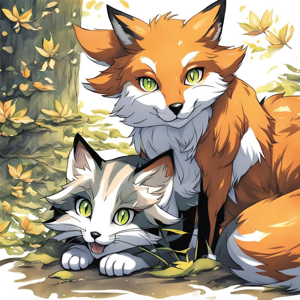 Anime Style Cat and Fox Illustration