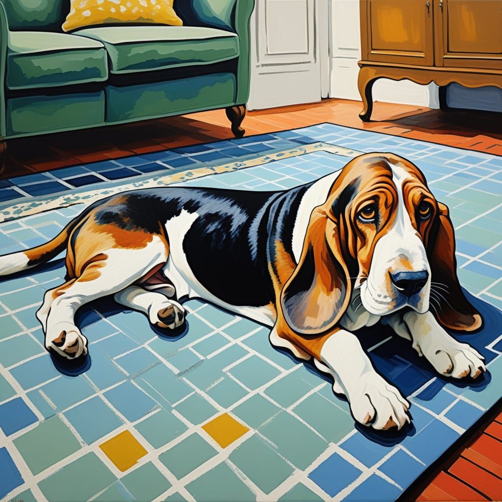 Unimpressed Basset Hound in Living Room: Impressionist Acryl...