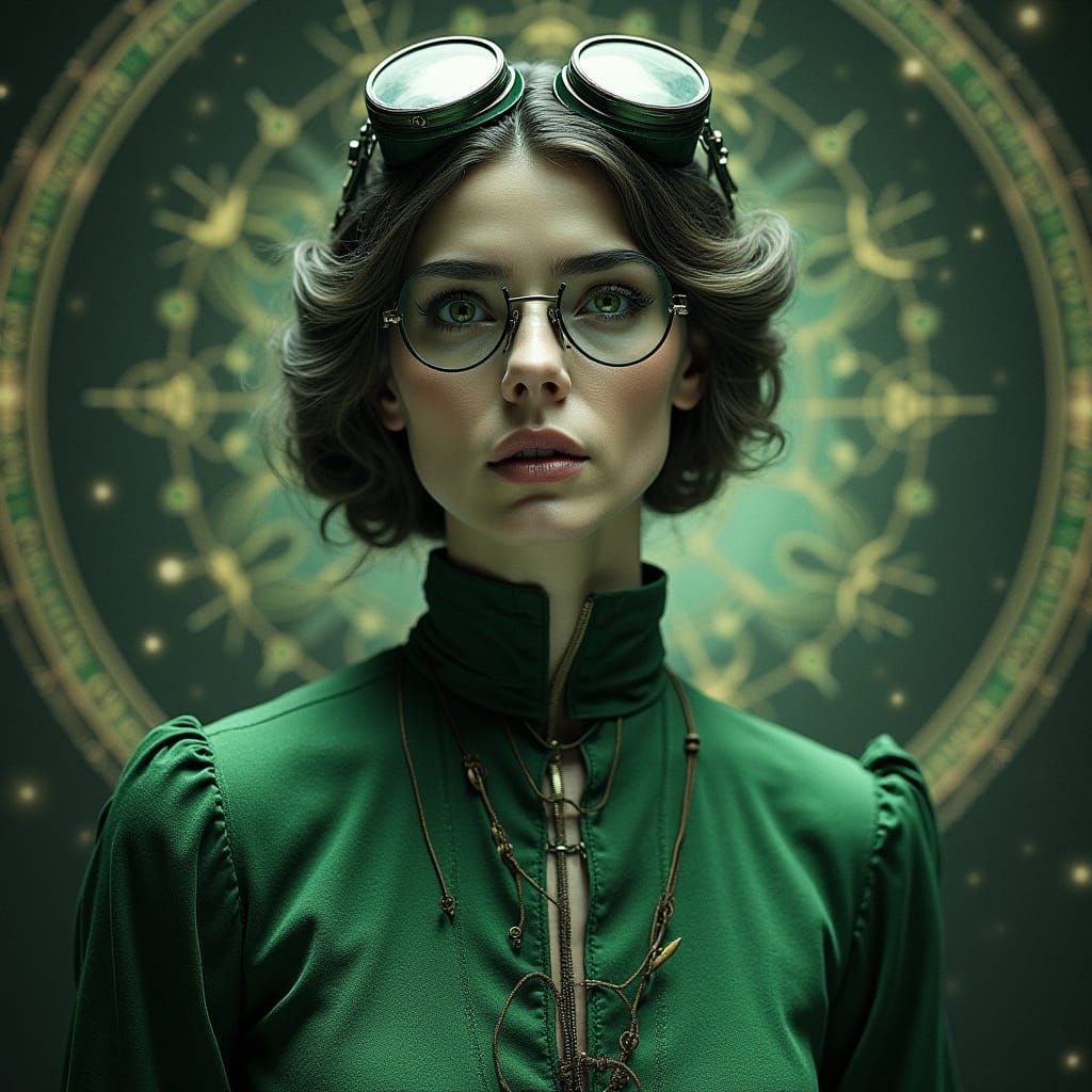 Steampunk Woman Portrait with Quantum Astrology Symbols
