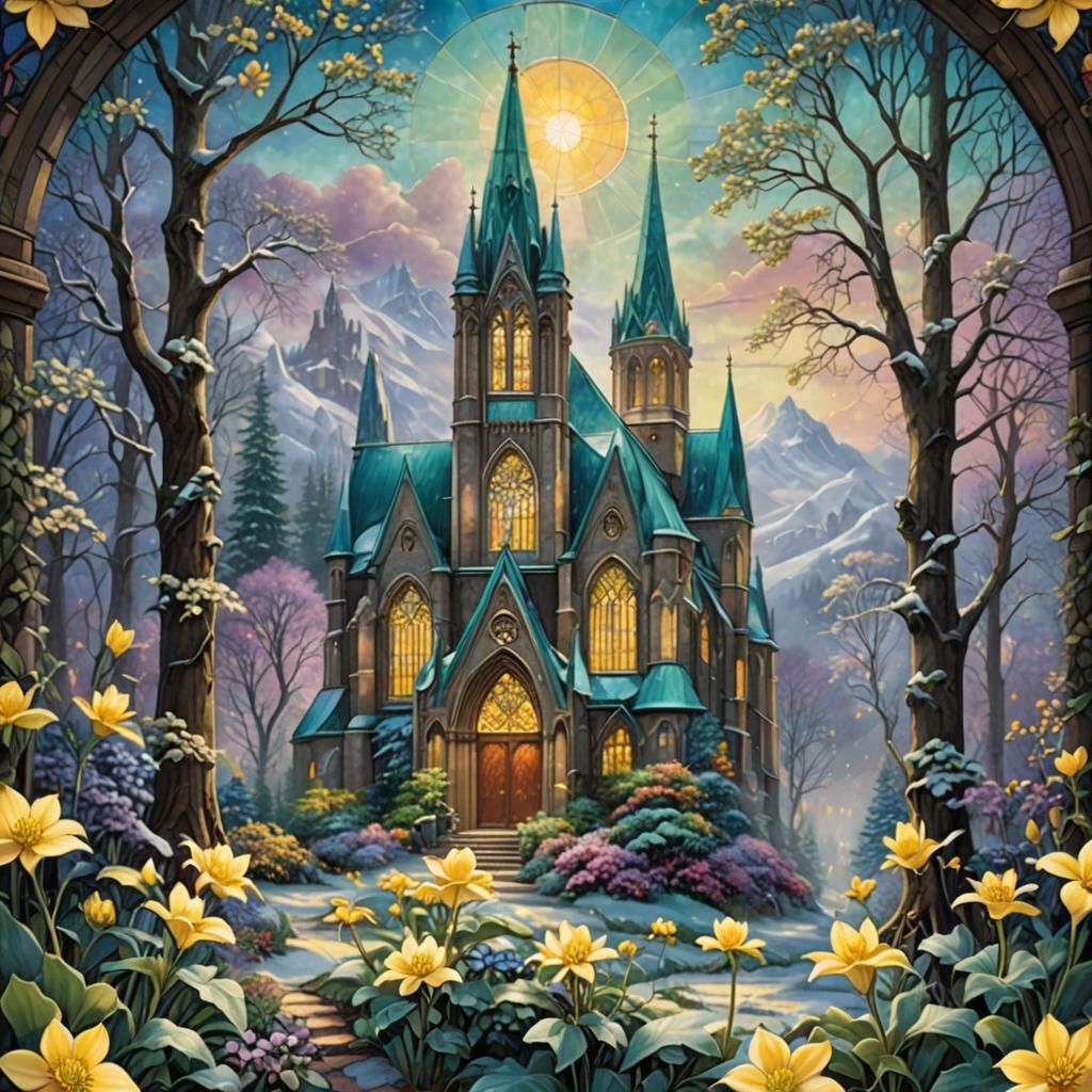 Stained Glass Cathedral with Winter Aconite Flower