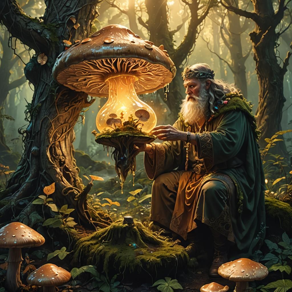 Druid and Glowing Mushroom in Mystical Forest