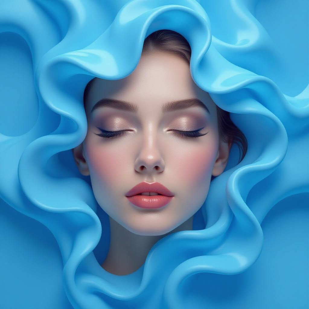 Serene Woman's Face Blends into Flowing Blue Liquid