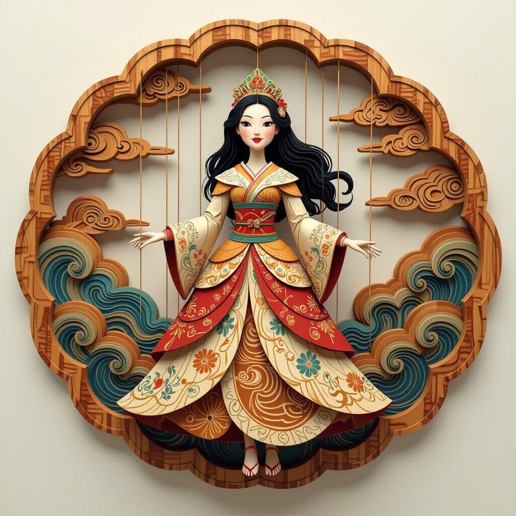 Vibrant Wooden Princess Puppet with Japanese Cloud Scenery