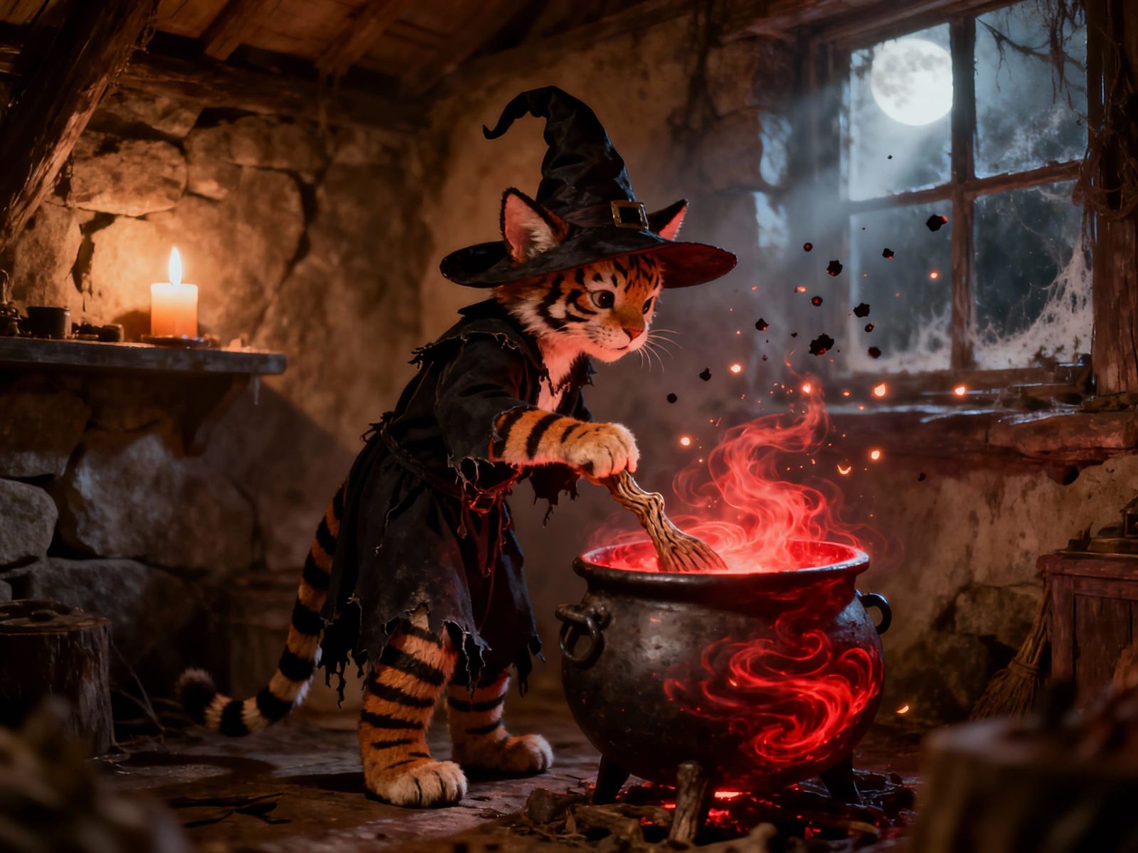 Scary Tiger Witch Brewing Magic in a Dark Hut