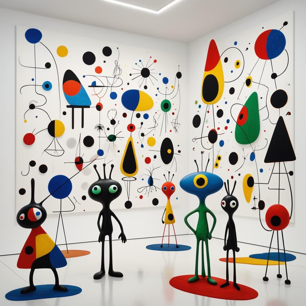 Surreal Alien Figures Admiring Miró Art