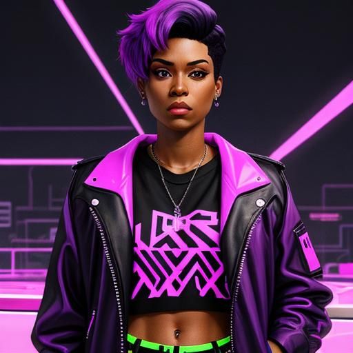 Black Tomboy with Purple Hair in Synthwave Style
