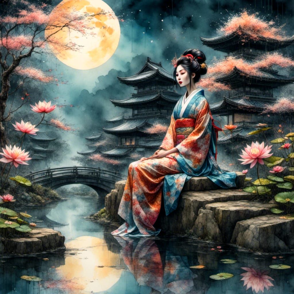 Geisha Sits by Temple Pond in Chiaroscuro Style