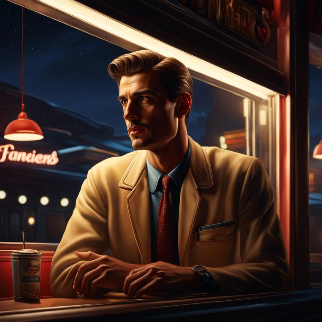 American Diner Portrait in Edward Hopper Style