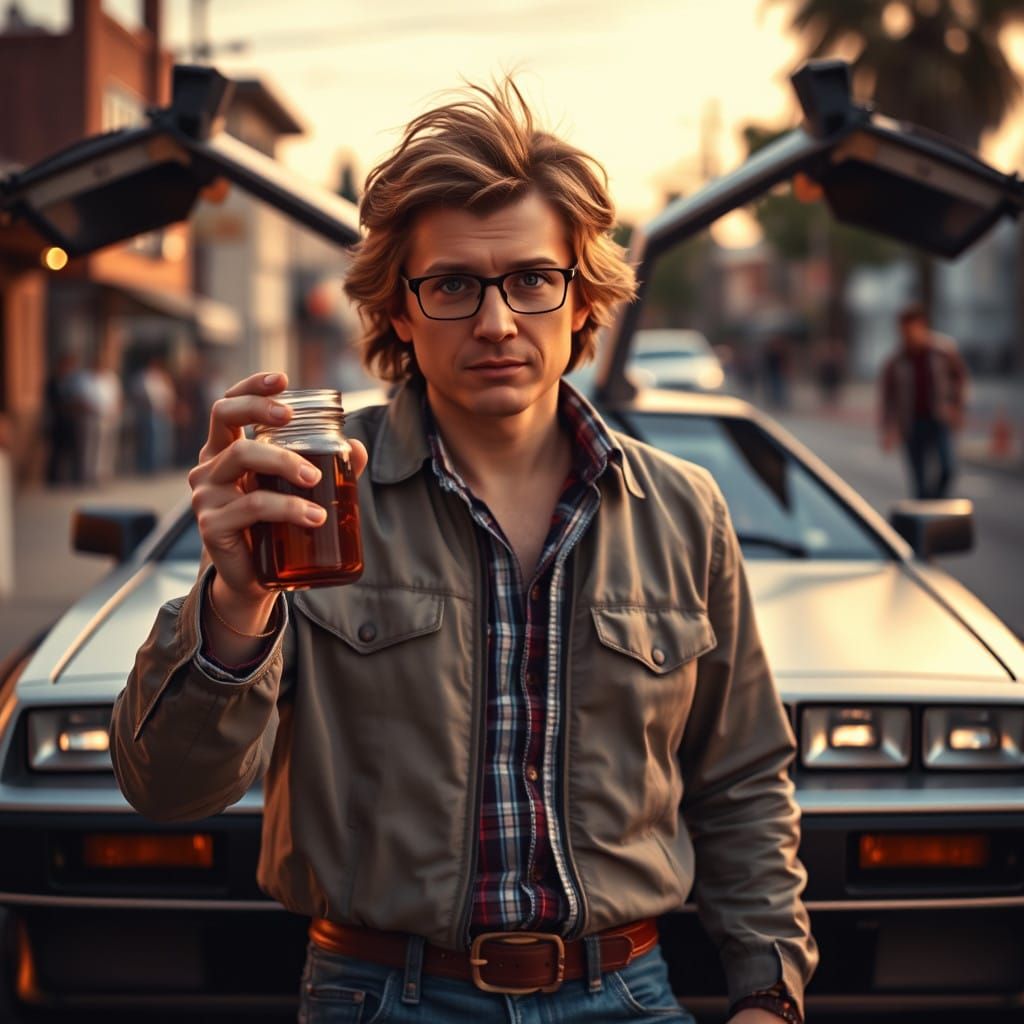 Michael J Fox as Marty McFly Holds Sambal Nyet in Front of D...