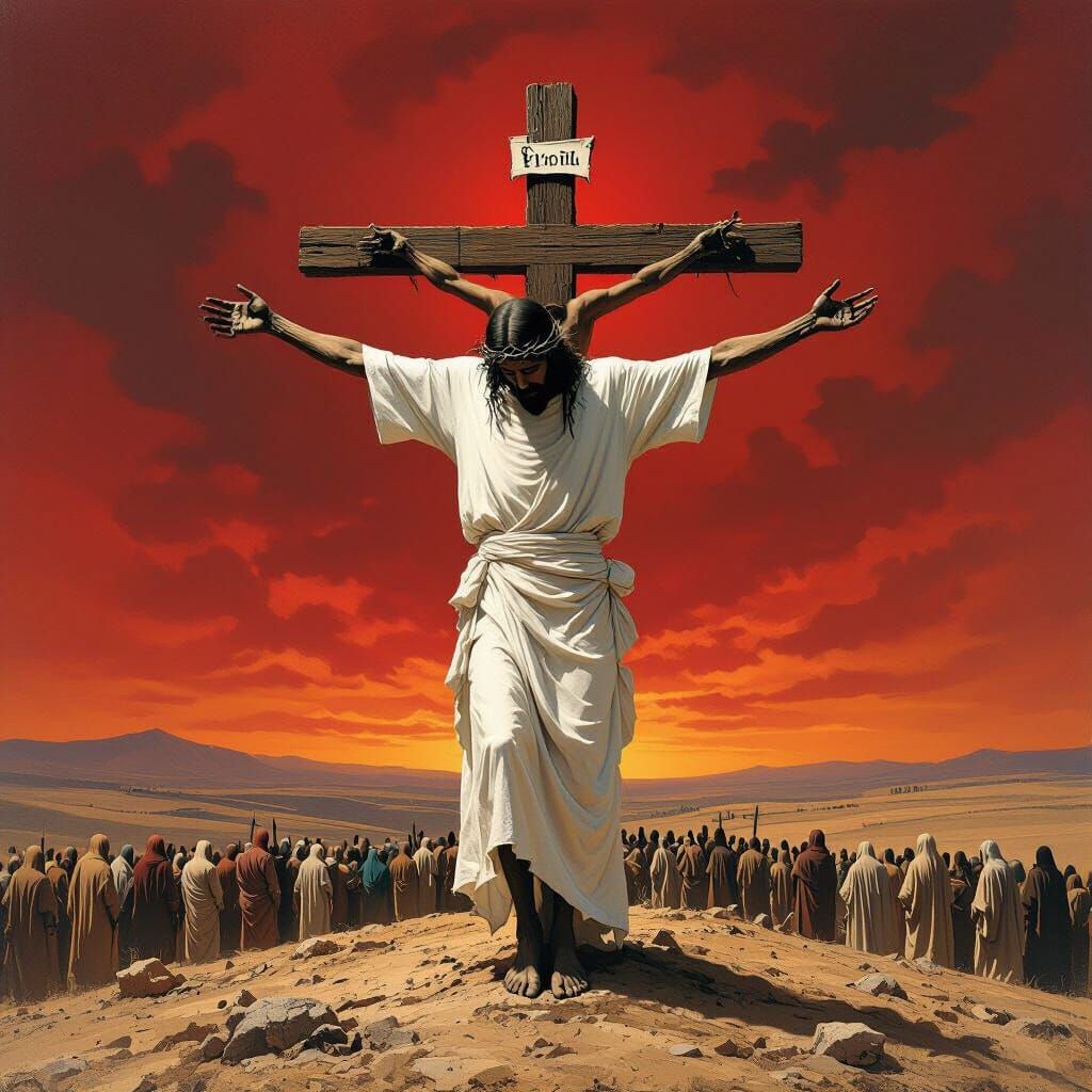 Mournful Figure on Barren Hill in Cruciform Pose