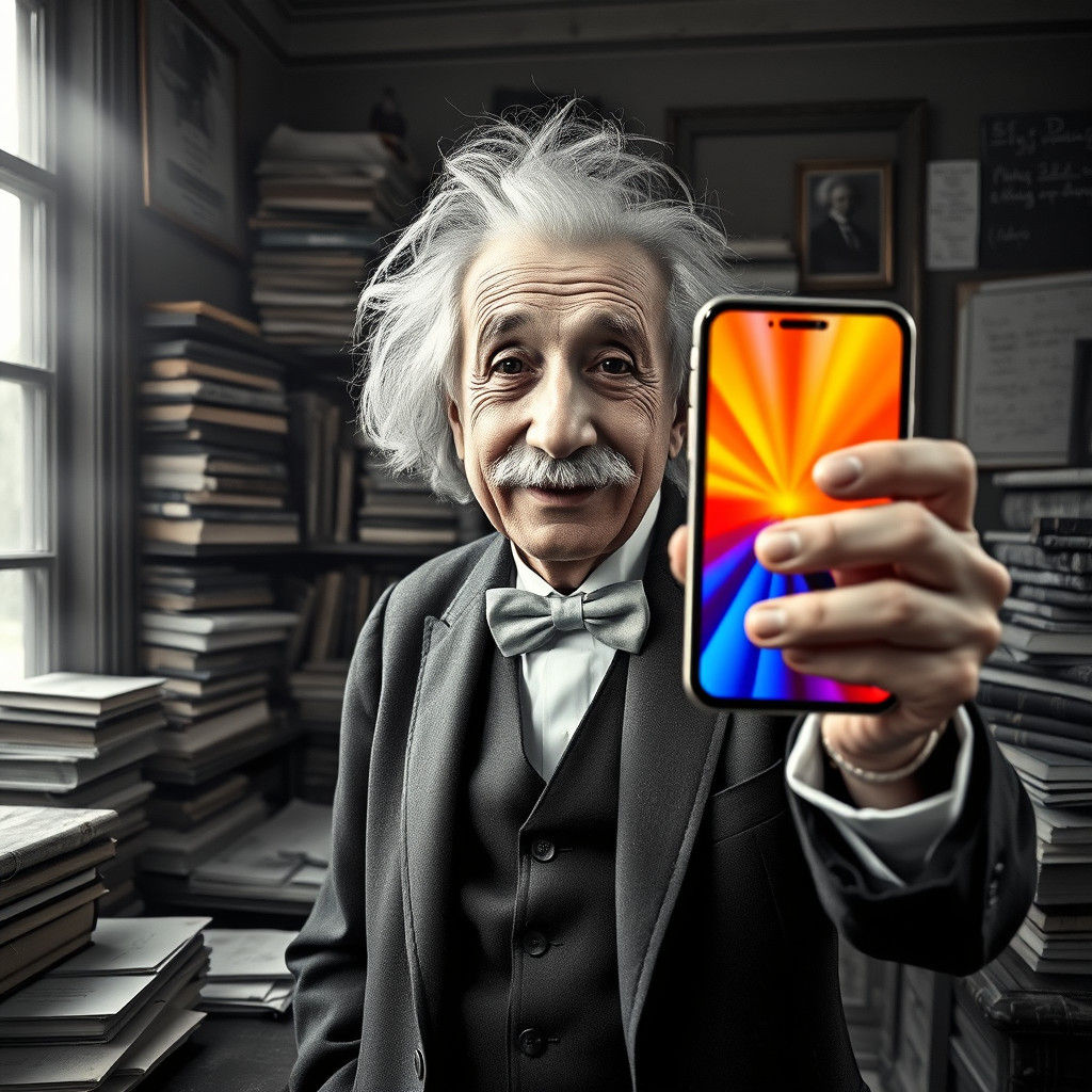 Albert Einstein, holding an iPhone 16, is seen taking a selfie in a vintage study filled with books and scientific notes...