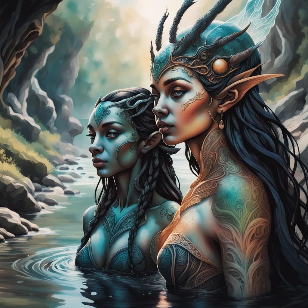 Goddesses Meet at Nordic River: Ink Splash Art