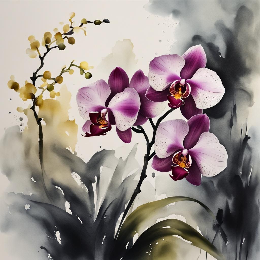 Orchid in Muted Chinese Ink Painting Style