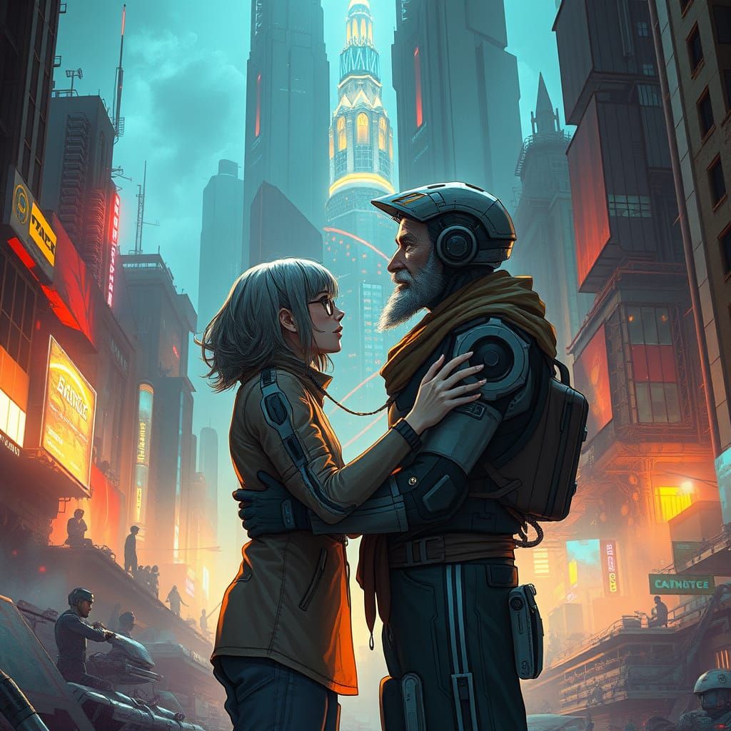 Cyborg Reunion in a Damaged Futuristic City