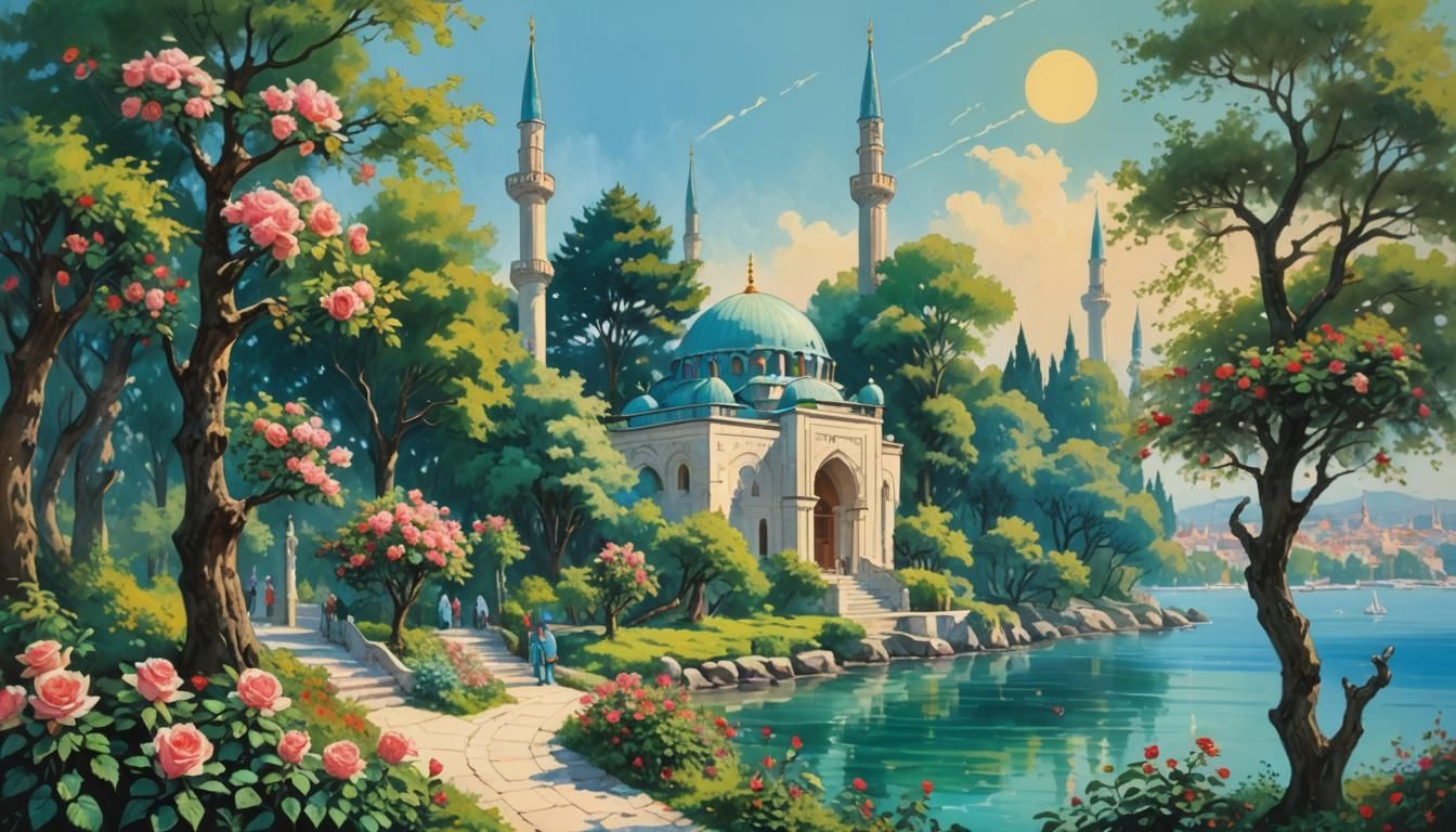 Istanbul Mosque Scene in Frazetta Pastel Style