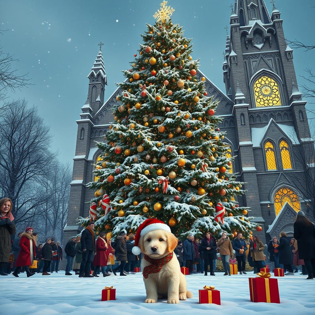 Winter Wonderland Christmas Scene with Joyful Crowd and Happ...