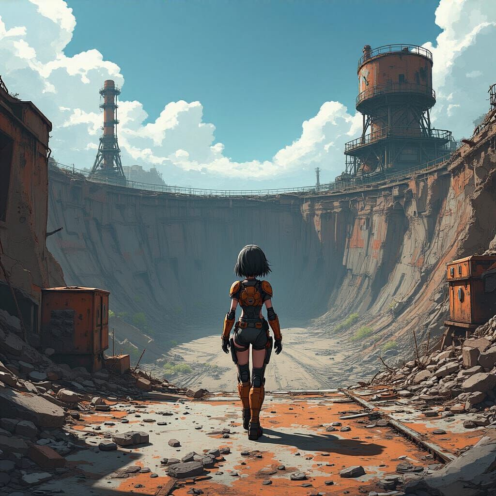 Sci-Fi Anime Girl at Ruined Open Pit Mine