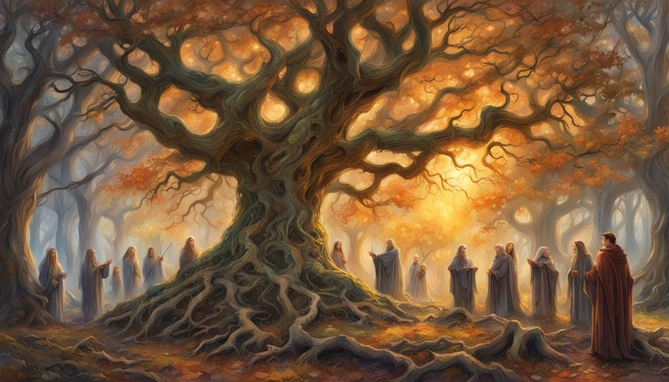 Druid Ritual Under Ancient Oak at Sunset