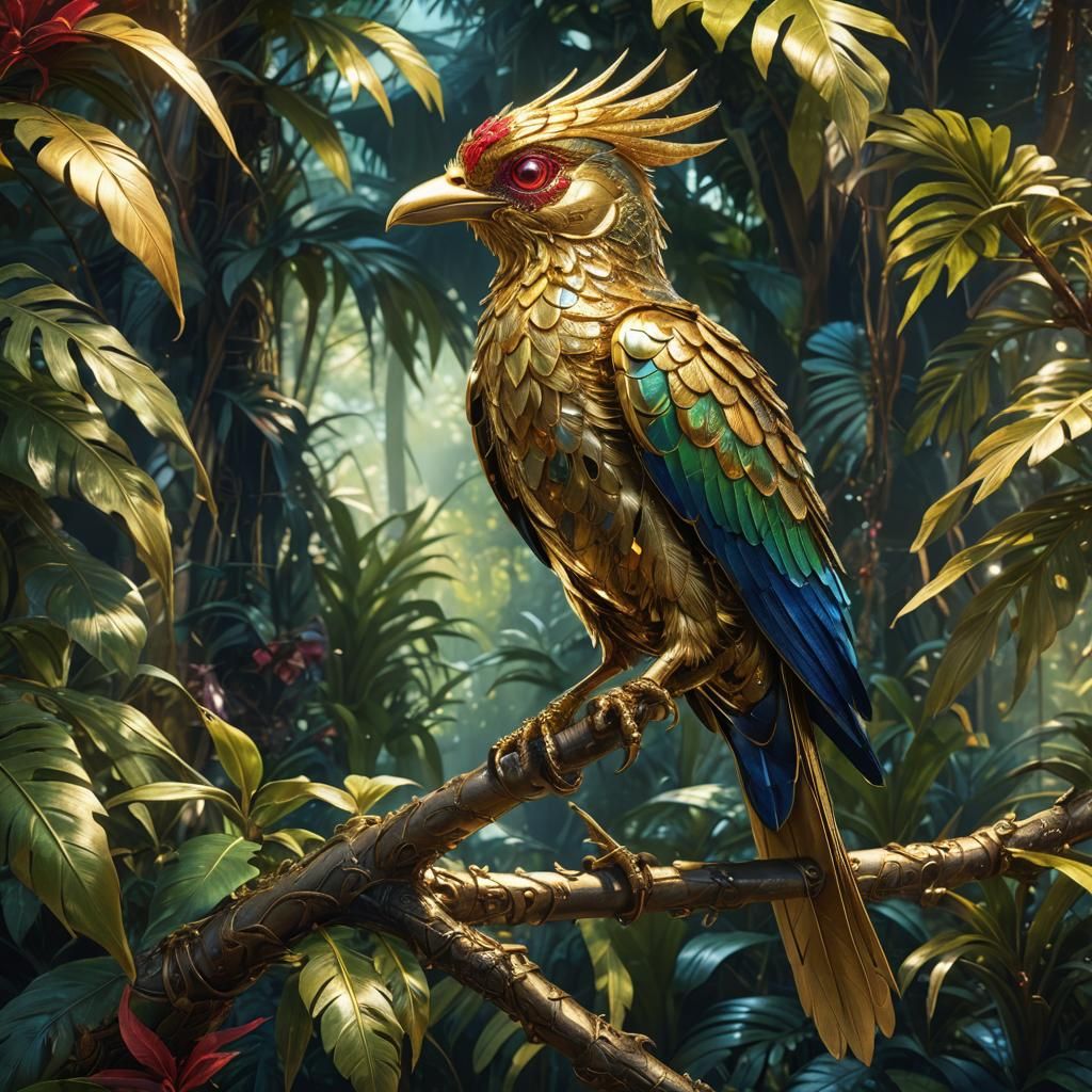 Mechanical Gold Bird with Ruby Eyes: Digital Art