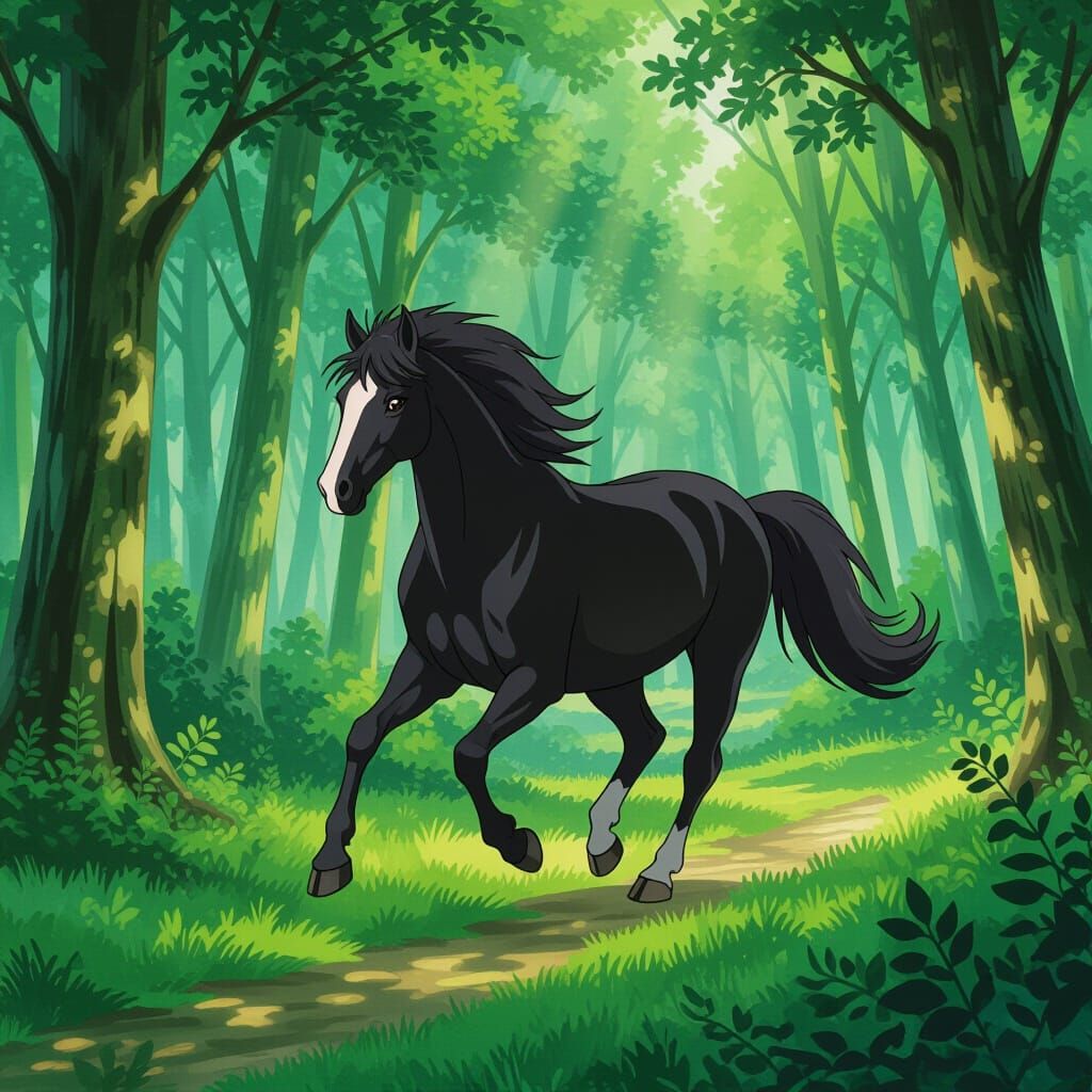 Anime Horse Running Through Forest Bird's Eye View
