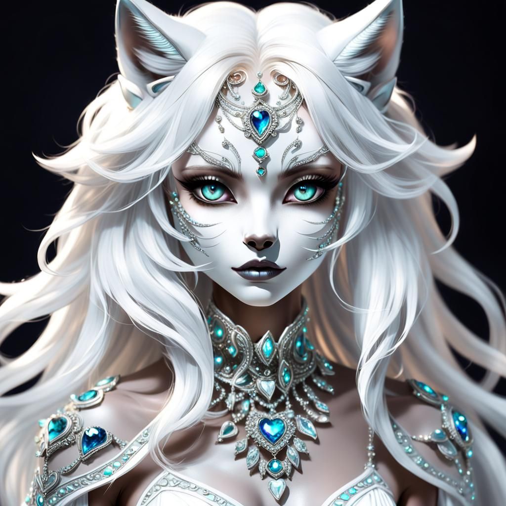 Crystalline Wolf Cat Girl with Ethereal Glow