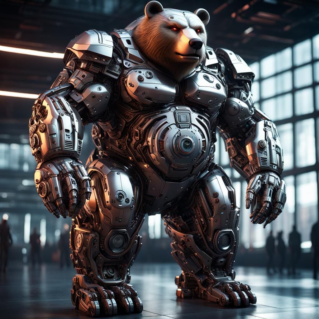Cybernetic Bear in Futuristic Sci-Fi Scene