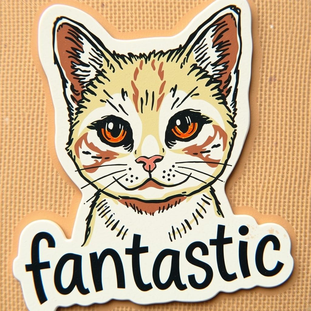 Beige cat face with text that says FANTASTIC on a burlap background
