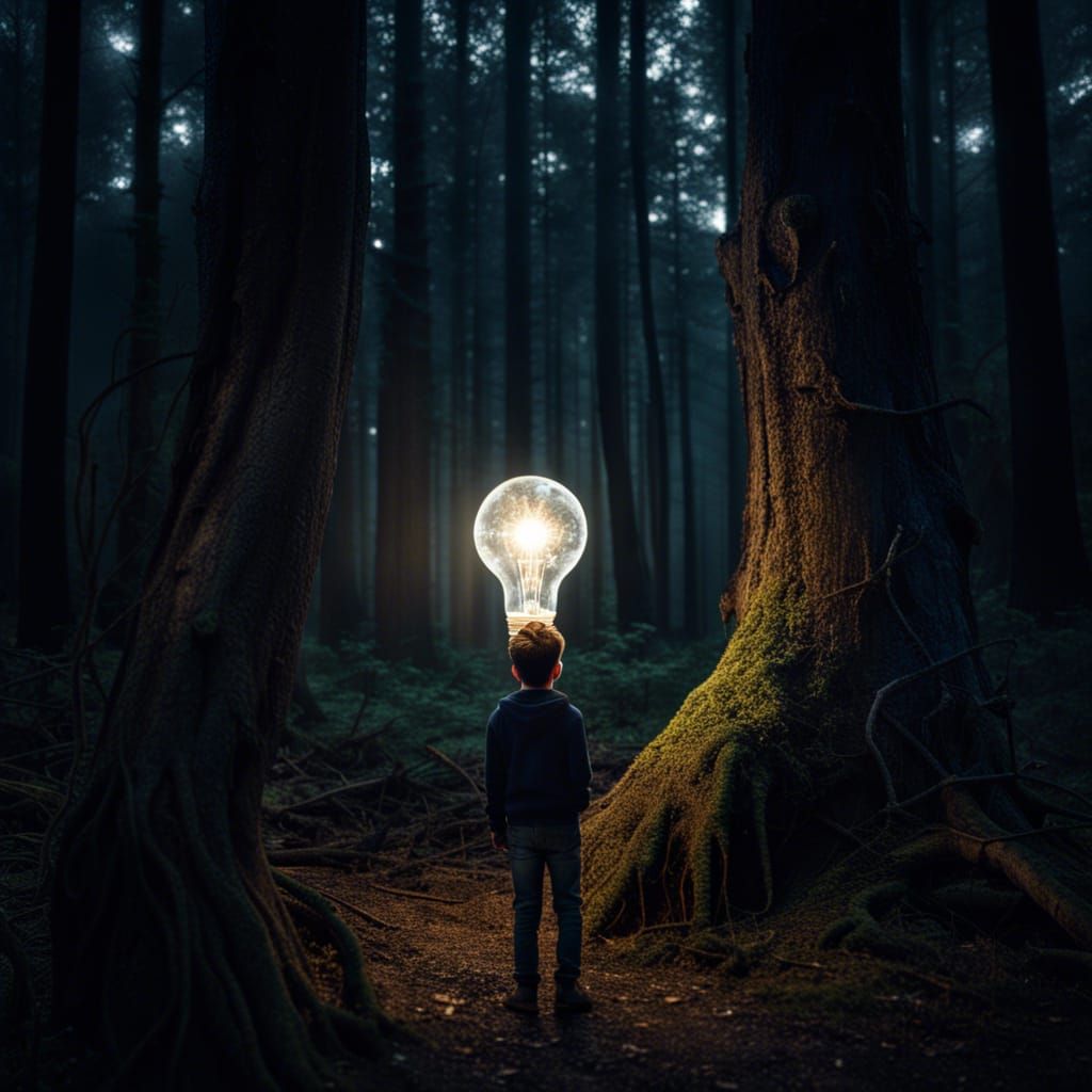 Boy and Glowing Bulb in Dark Fantasy Forest