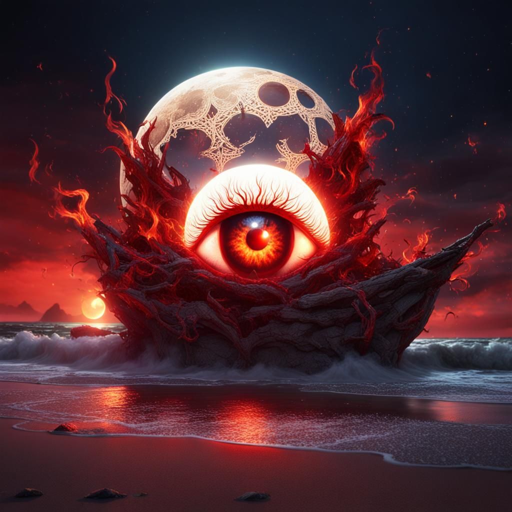 Flaming Eye on Moonlit Beach: Fantasy Concept Art