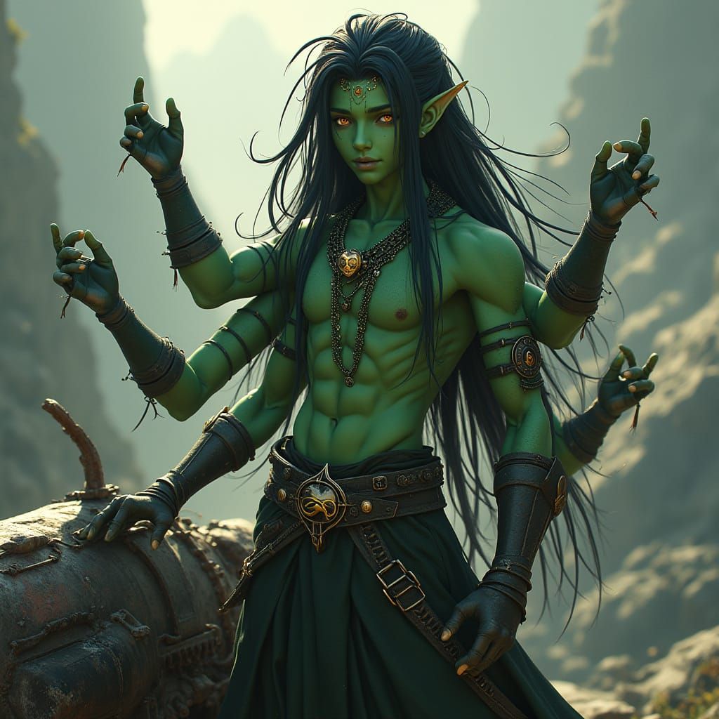 Mysterious Space Pirate with Green Skin and 4 Arms