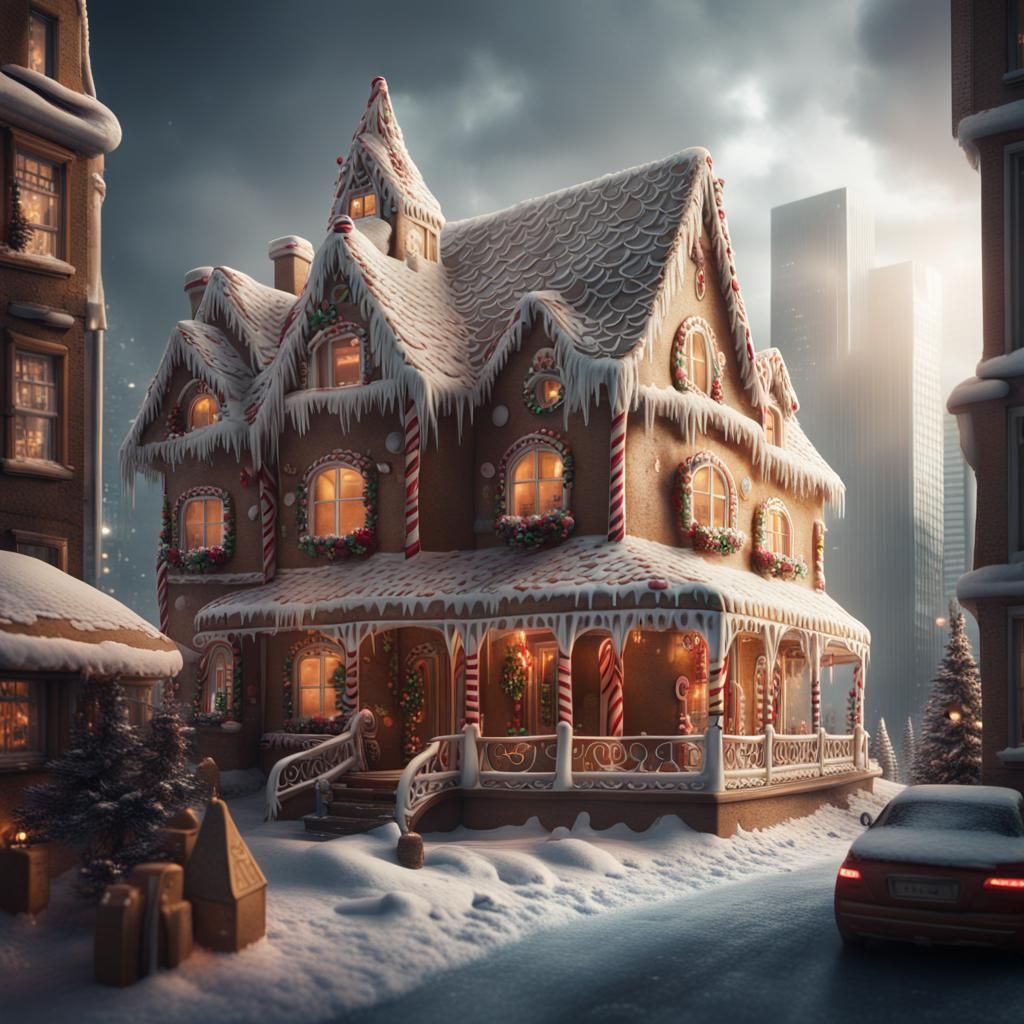 Gingerbread House in Modern City: Digital Matte Painting