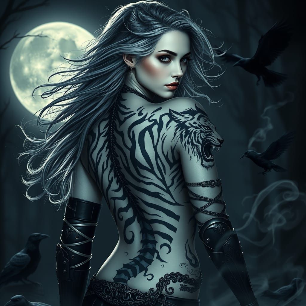 Dark Fantasy Shadow Tiger Princess in Moonlight